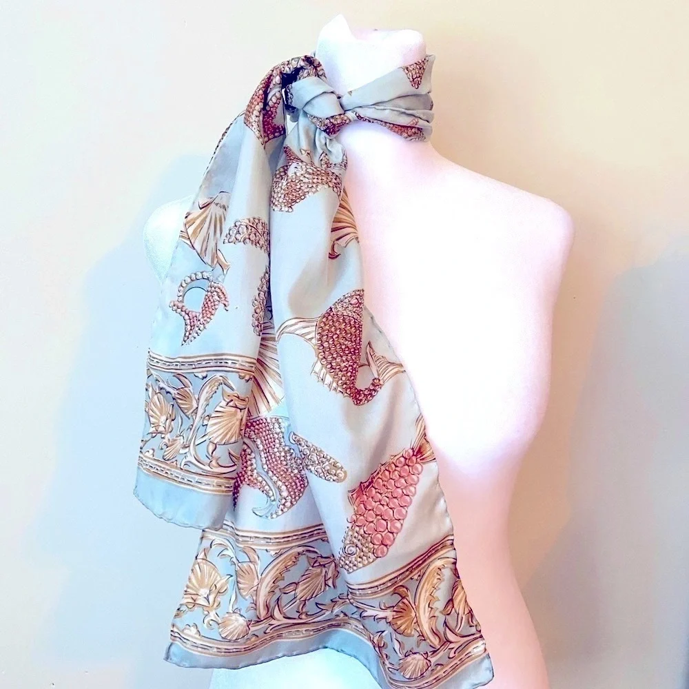 Silk Scarf Oblong Aqua Teal 51 Inches Hand Rolled